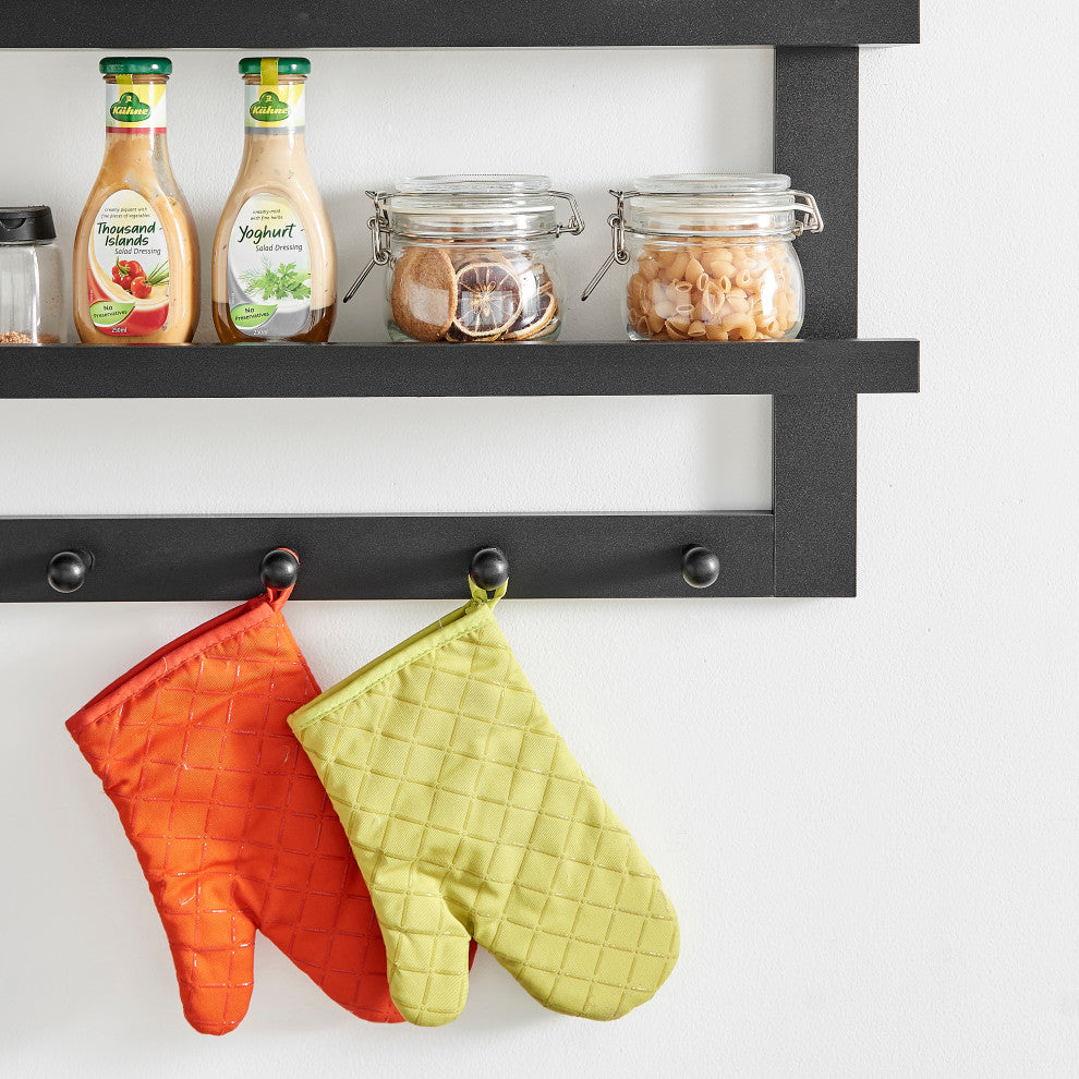 Danya B 2-Tier Ledge Wall Shelf Organizer with Five Hanging Coat or Towel Hooks, Black