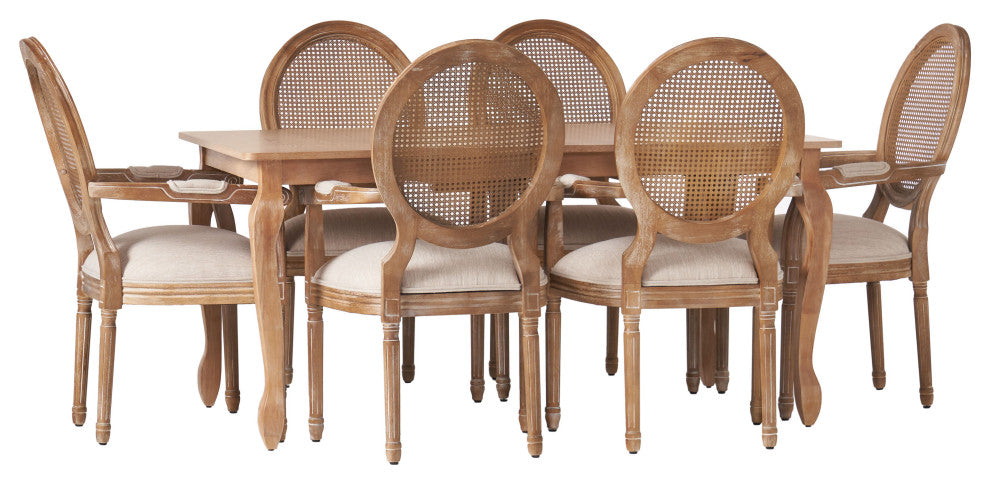 Comisky Fabric Upholstered Wood and Cane Expandable 7-Piece Dining Set, Natural Brown/Beige