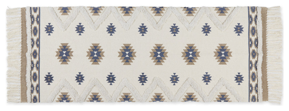 Stone And Blue Printed Off-White Hand-Loomed Shag Rug Runner 2Ft 3Inx6Ft