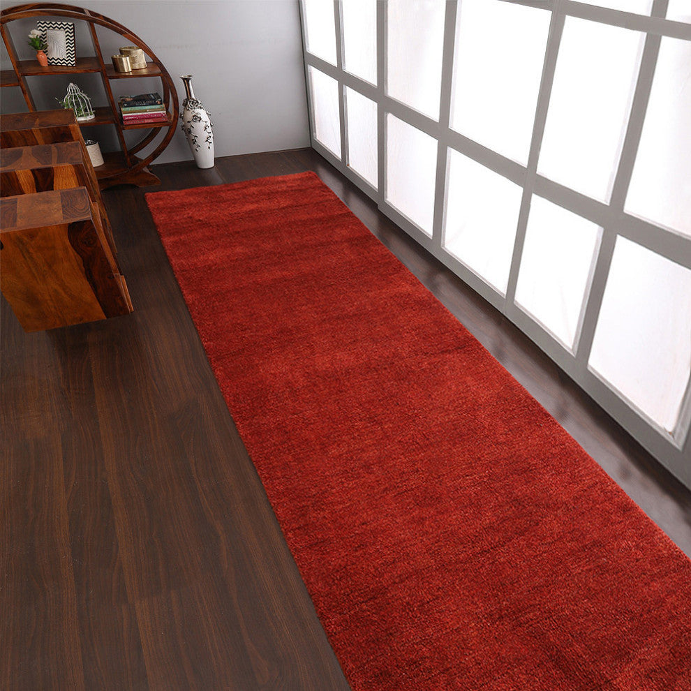 Hand Knotted Loom Silk Area Rug Solid Light Red