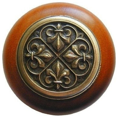 Fleur-De-Lis Cherry Wood Knob, Antique-Style Brass