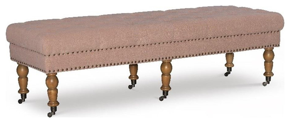Linon Isabelle Upholstered 62" Long Bench Wood Legs in Washed Pink Linen Fabric