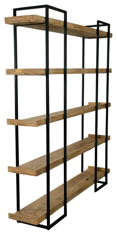Benzara BM286429 Wide Bookshelf, Reclaimed Mango Wood Shelves, Black Metal Frame