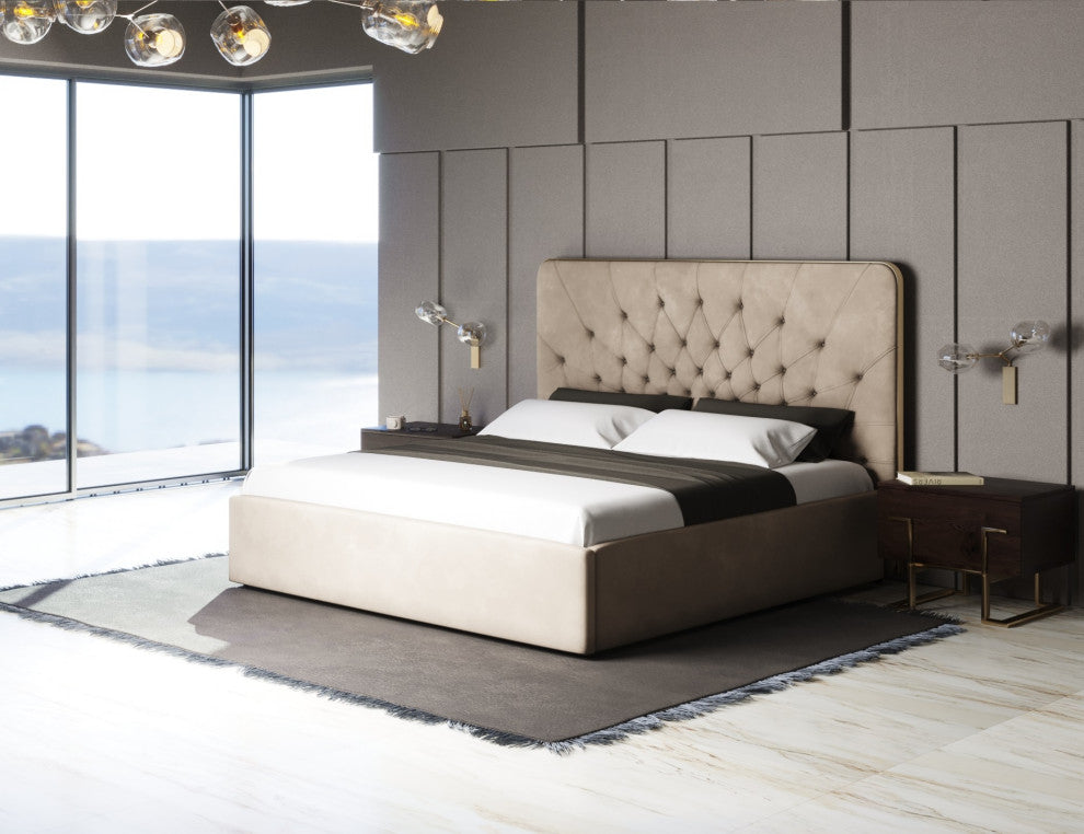 Modrest Moontide Glam Beige Velvet and Brushed Brass Bed, Eastern King
