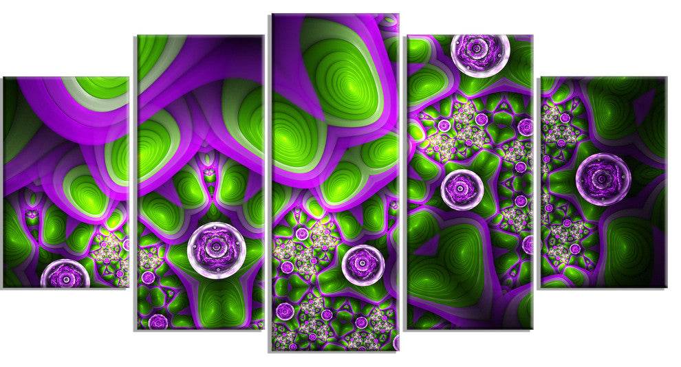 Green Purple Exotic Pattern, Contemporary Wall Art Canvas, 60"x32", 5 Panels