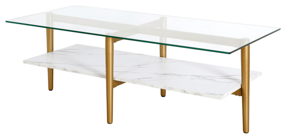 47" White And Gold Glass And Steel Coffee Table With Shelf