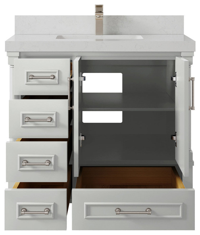 Aberdeen 36 Center Sink Bath Vanity in Coventry Gray 2" Carrara Quartz