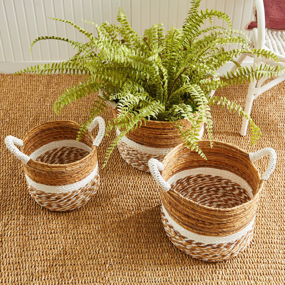 Set 3 Coastal Casual Natural Raffia Round White Stripe Tote Baskets Handle Large