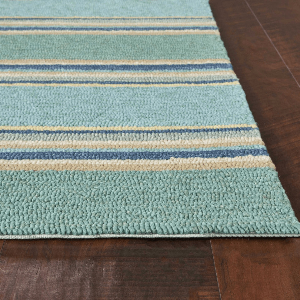 8'X10' Ocean Blue Hand Hooked Uv Treated Awning Stripes Indoor Outdoor Area Rug