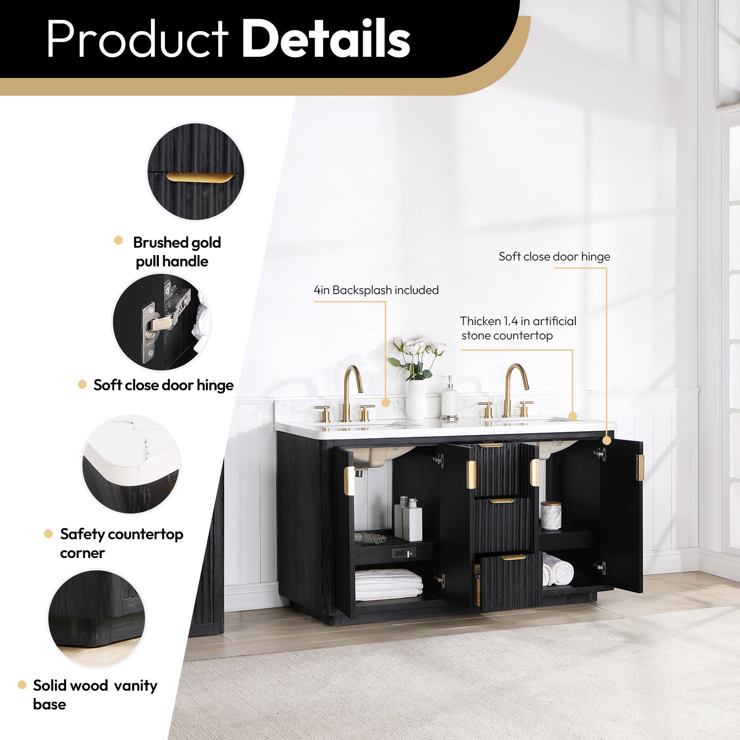 Vinnova Cadiz Bath Vanity, Composite Stone Top, Black, 60", No Mirror
