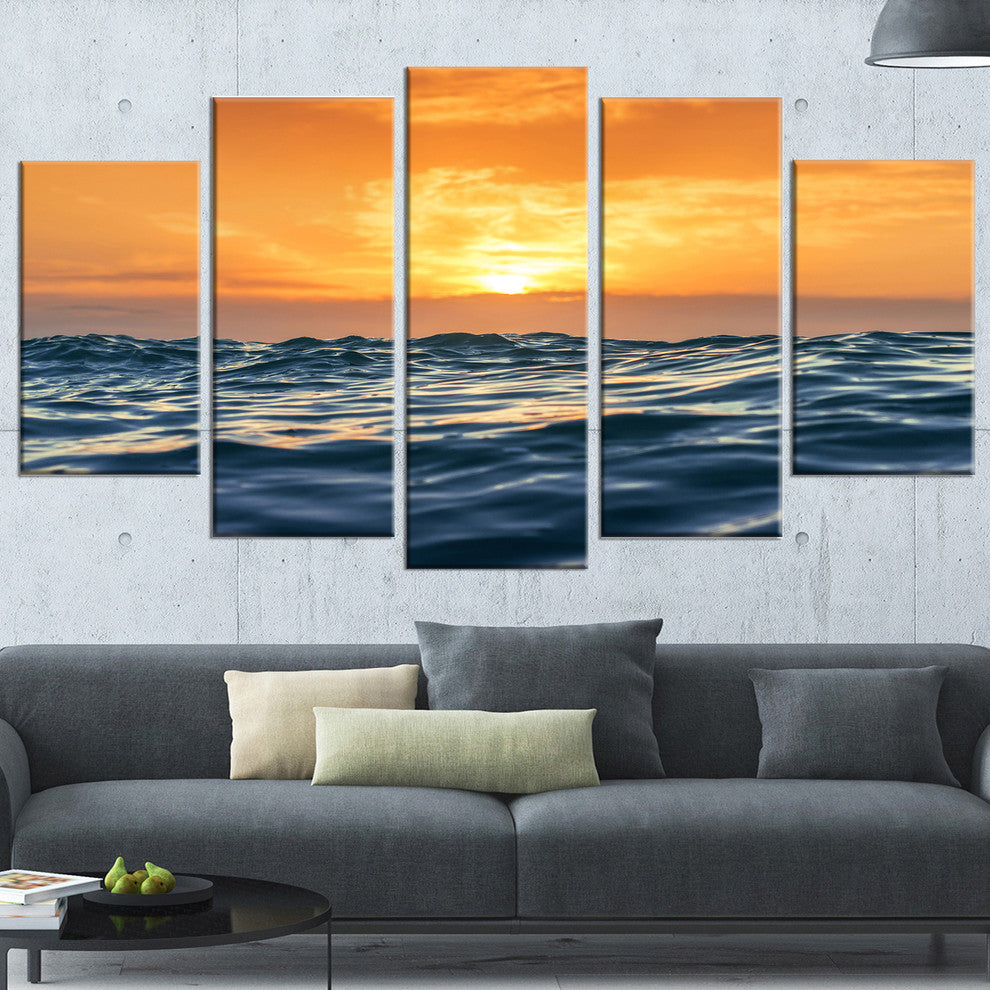 "Blue Waves Dancing At Yellow Sunset" Beach Canvas Wall Art, 5 Panels, 60"x32"