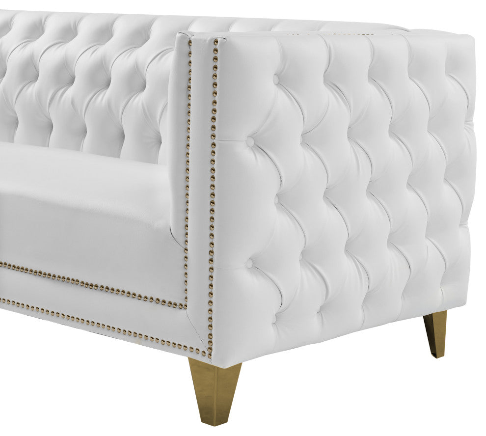 Michelle Fabric Upholstered Chair, Gold Iron Legs, White, Vegan Leather, Loveseat