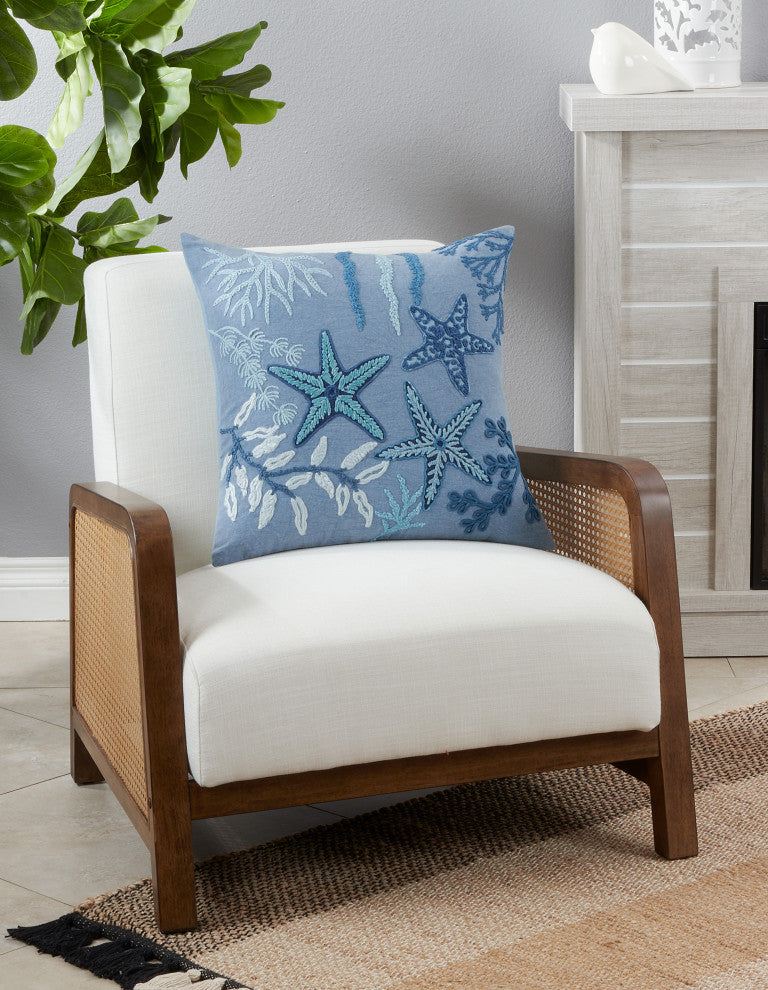 Stonewashed Throw Pillow With Starfish Design, Blue, 20"x20", Down Filled