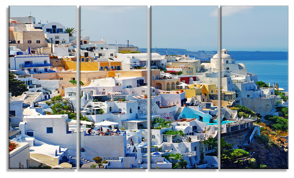 View of Fira Town Santorini, Abstract Wall Art Canvas, 48"x28", 4 Panels