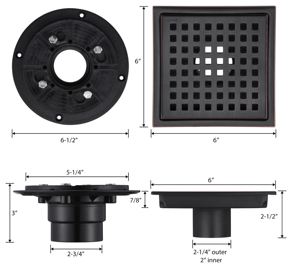 Luxier 6" Square Shower Floor Drain FD01-6, Oil Rubbed Bronze