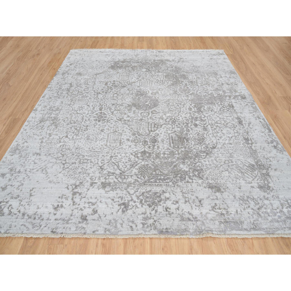 Gray Broken Persian Design Hand Knotted Wool and Silk Square Rug, 10'0"x10'0"