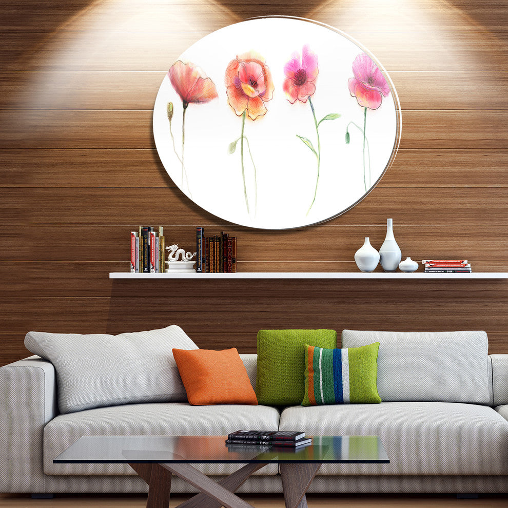 Watercolor Poppy Flowers Sketch, Flower Round Wall Art, 36"