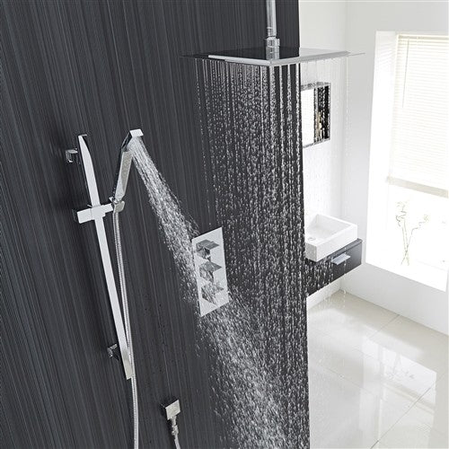 Benete Square Chrome Rain Shower System Set 2 Outlets Ceiling Head and Handset