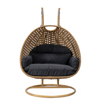 LeisureMod Mendoza Light Brown Wicker Hanging Double Egg Swing Chair, Dark Gray