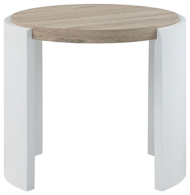 Round Wooden End Table, High Glos White and Oak