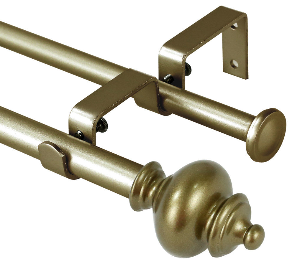 Round Urn Adjustable Double Curtain Rod Set, 5/8", Antique Gold, 48"-84"