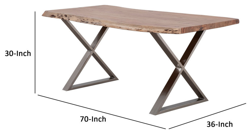 Benzara BM286414 70" Modern Dining Table, Wood Tabletop Crossed Legs, Brown