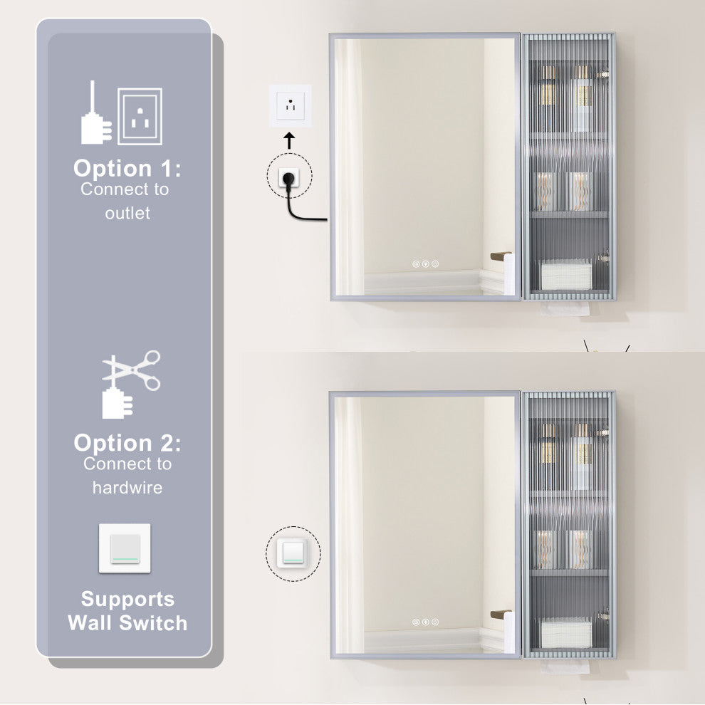 Solid Wood Bathroom Medicine Cabinet With Lights, Defogger, Grey, 30"x28"