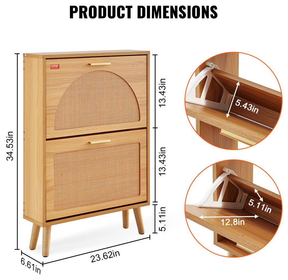 VEVOR Shoe Cabinet with 2 Flip Drawers Rattan Shoe Storage Cabinet for Entryway