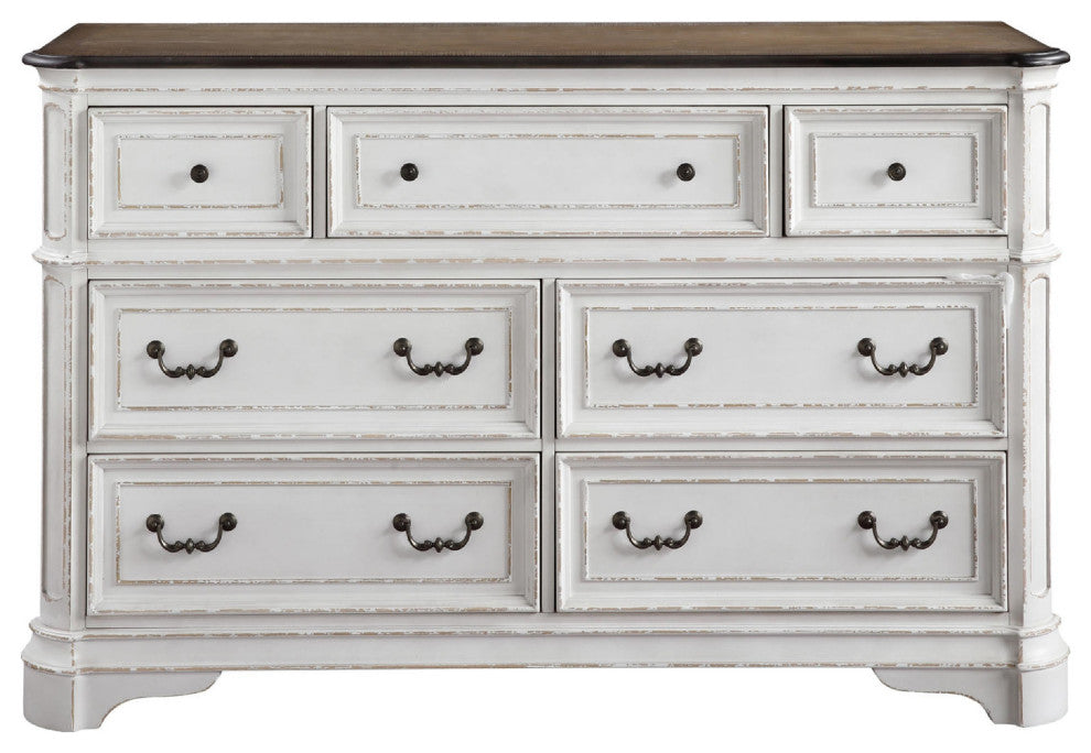 Benzara BM275080 64" Solid Wood Dresser, 7 Drawers, Felt Lined, Antique White