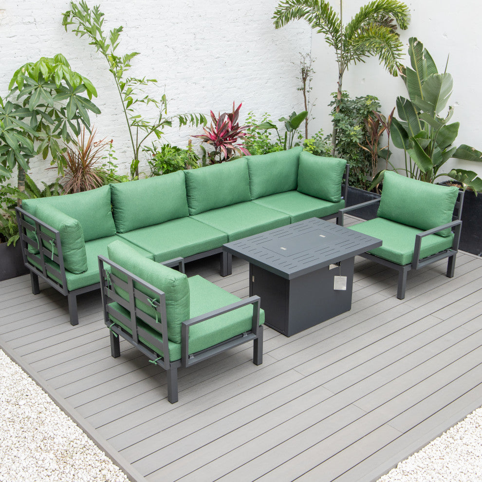 LeisureMod HSFBL-7G Hamilton 7-Pcs Conversation Set Fire Pit Table&Cushions