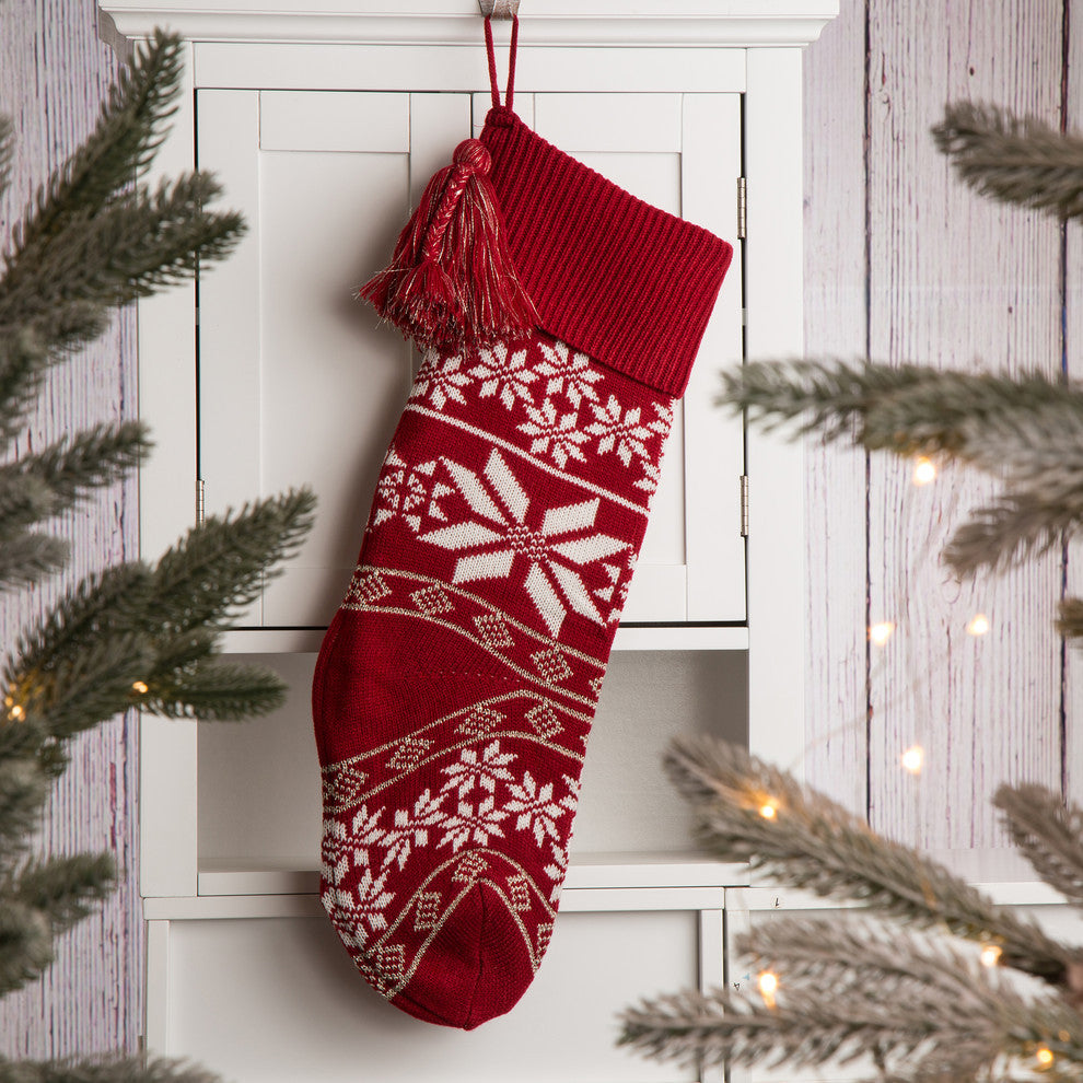 24" Knitted Acrylic Christmas Stocking With Snowflake