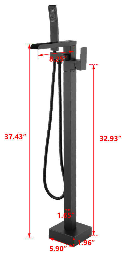 Waterfall Floor Mounted Tub Faucet With Hand Held Shower, Matte Black