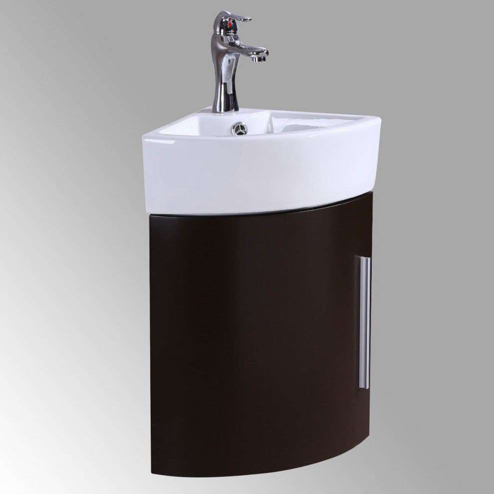 White Corner Vanity Cabinet Sink Oak Finish with Faucet Drain and Overflow