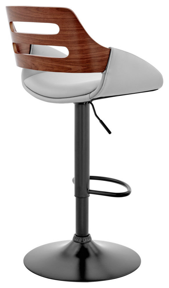 Karter Adjustable Gray Faux Leather and Walnut Wood Bar Stool With Black Base