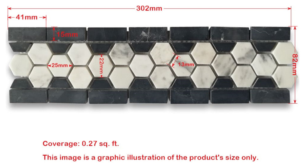 Carrara Venato Marble Hexagon Border Listello Mosaic Tile Polished, 1 sheet