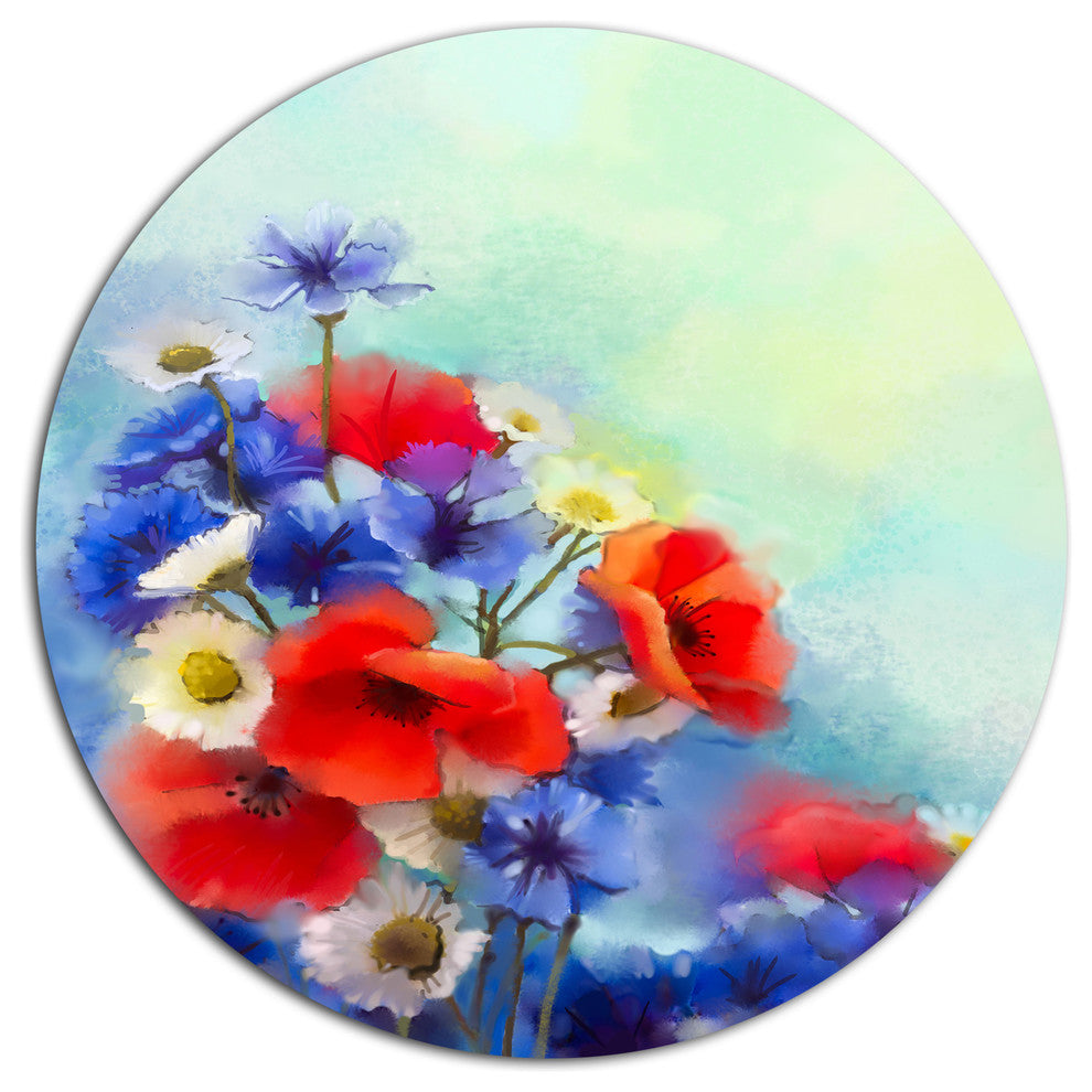Blue Cornflower And White Daisy, Flower Round Wall Art, 11"