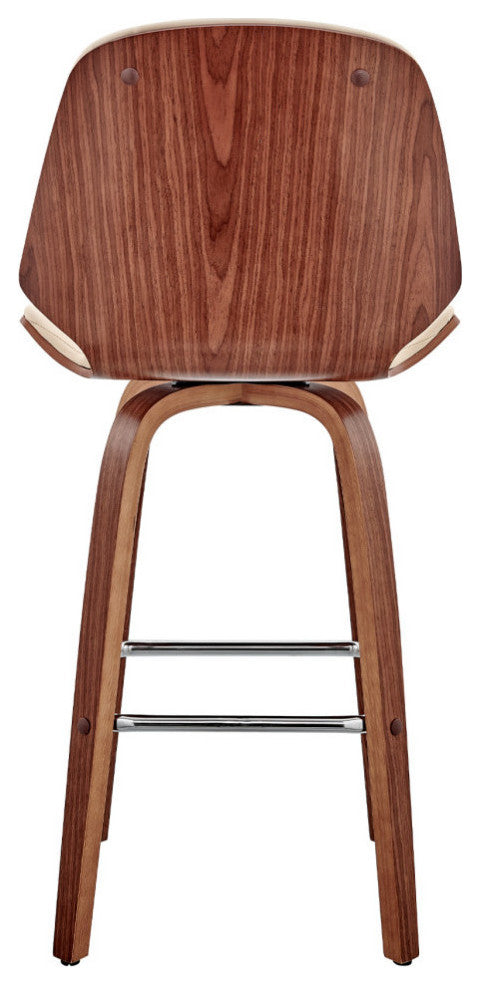 Arabela Faux Leather and Wood Swivel Bar Stool, Cream and Walnut