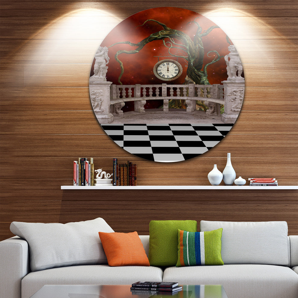 Balcony With Clock And Tree Angels, Art Disc Metal Wall Art, 11"