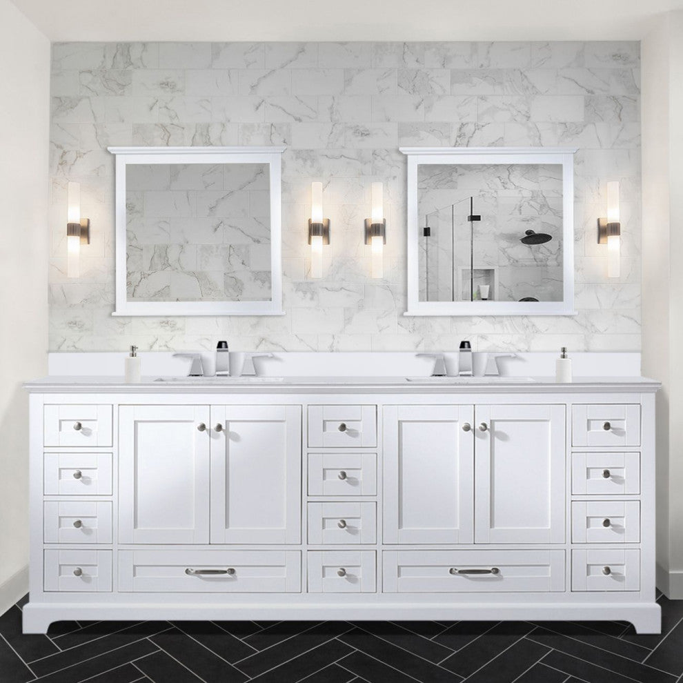 Dukes 84" White Double Square Sink Vanity with Quartz Top, With Faucet and Mirro