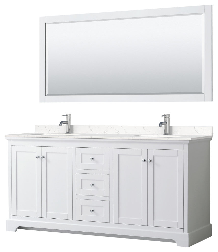 72, Double Vanity, White, Light-Vein Marble Top, SQ Sinks, 70, Mirror