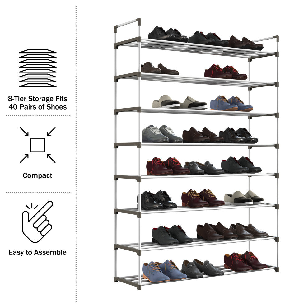 Shoe Rack 8-Tier Shoe Organizer for Closet, Bathroom, Entryway Holds 40 Pairs, White