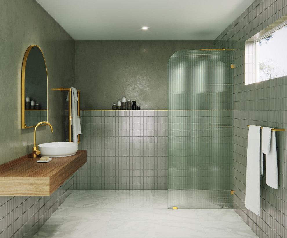 32"x78" Frameless Shower Door, Single Fixed Panel Fluted Radius, Satin Brass, 32" Right