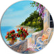 Balcony Near The Sea, Landscape Painting Disc Metal Artwork, 23"