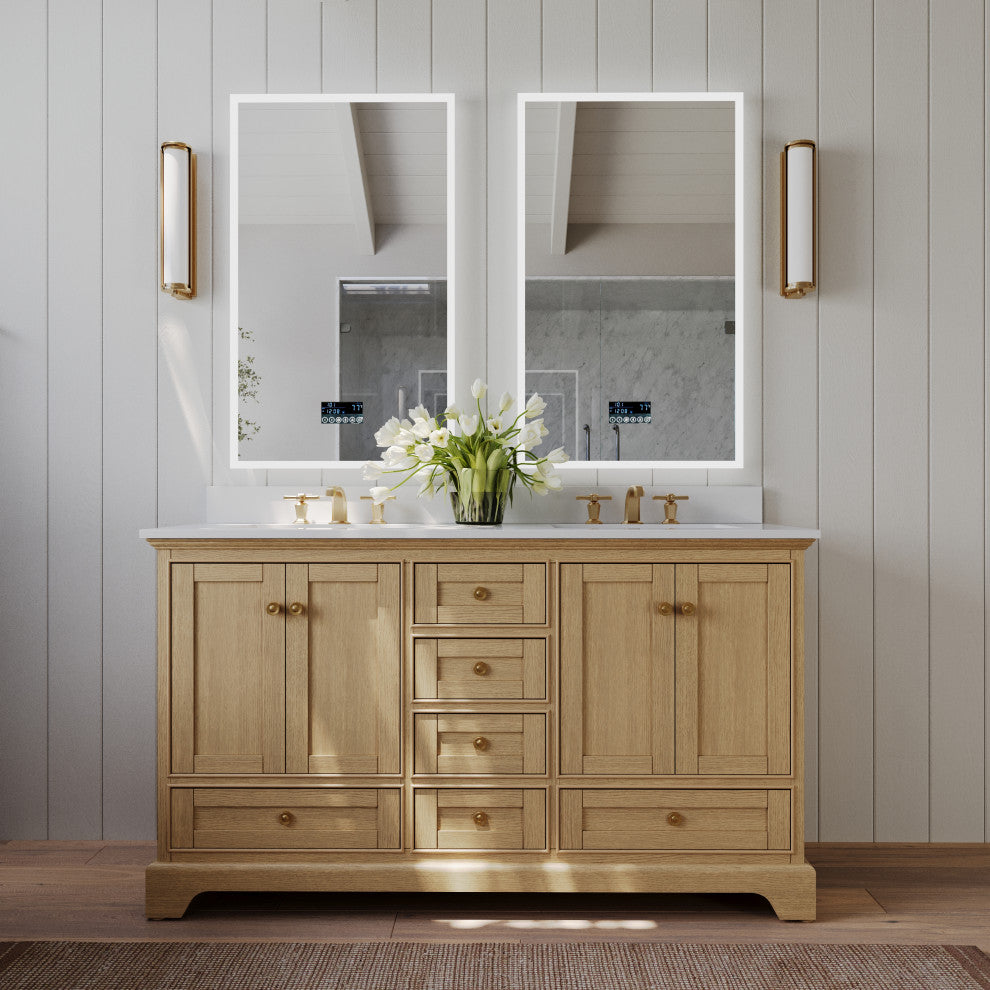 Audrey Vanity Set, Oak, 60", Gold Hardware, White Quartz Top