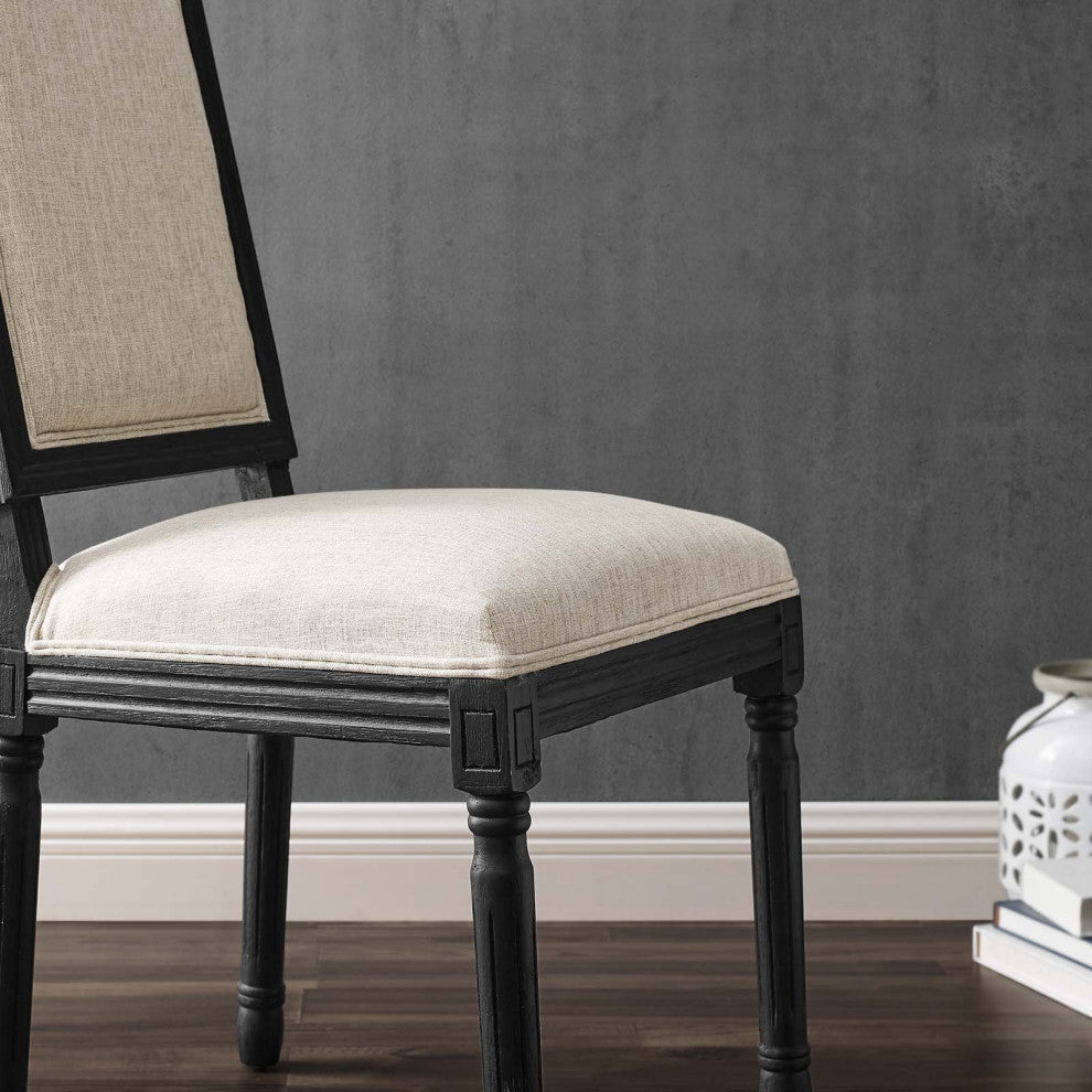 French Vintage Side Dining Chair, Fabric, Wood, Black Beige, Modern, Cafe Bistro