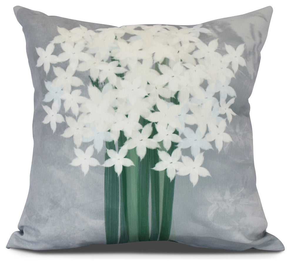 Paperwhites, Floral Print Outdoor Pillow, Gray, 16" x 16"