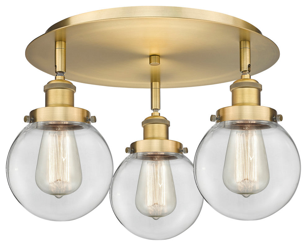Beacon-3 Light 18" Flush Mount-Brushed Brass, Clear Glass Shade