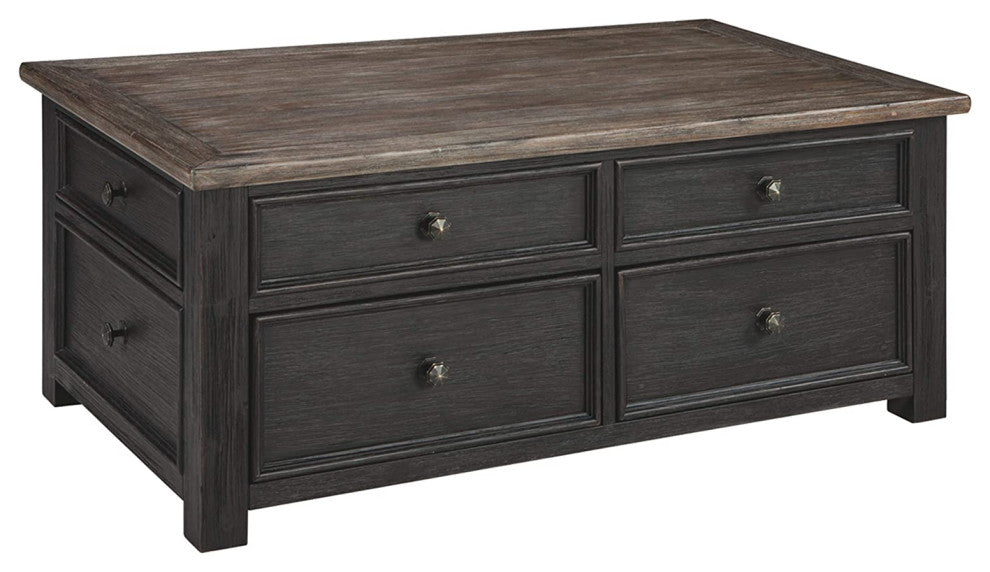Farmhouse Coffee Table, Drawers With Raised Edges and Lift Up Top, Brown/Black