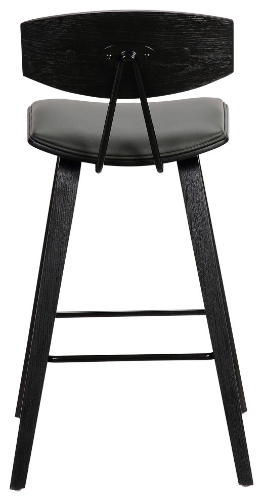 Fox 30" Mid-Century Bar Height Barstool in Grey Faux Leather with Black Brushed