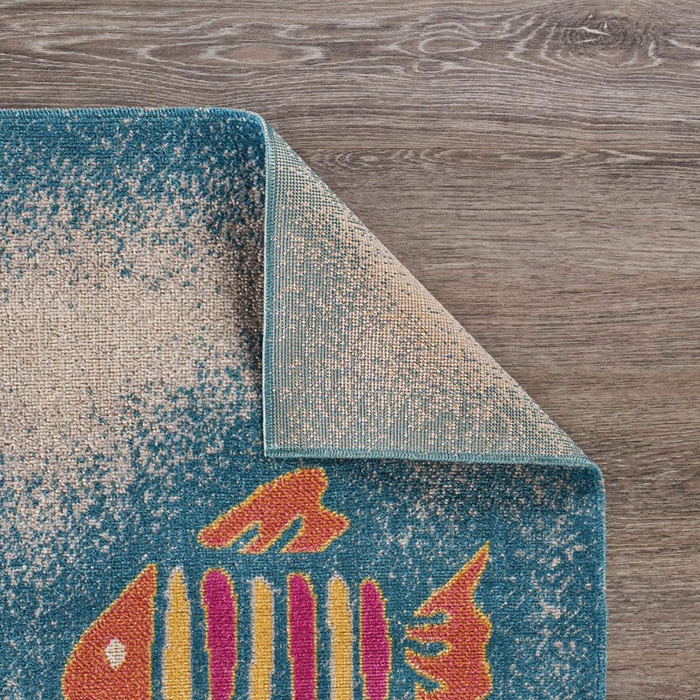 2" x 3" Blue Playful Fish Indoor Outdoor Scatter Rug